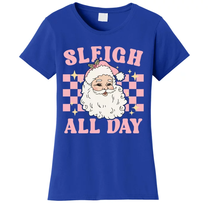 Groovy Vintage Pink Santa Cute Christmas Sleigh All Day Gift Women's T-Shirt