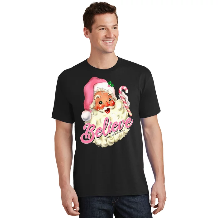 Groovy Vintage Pink Santa Claus Believe Christmas T-Shirt