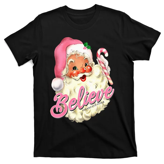 Groovy Vintage Pink Santa Claus Believe Christmas T-Shirt