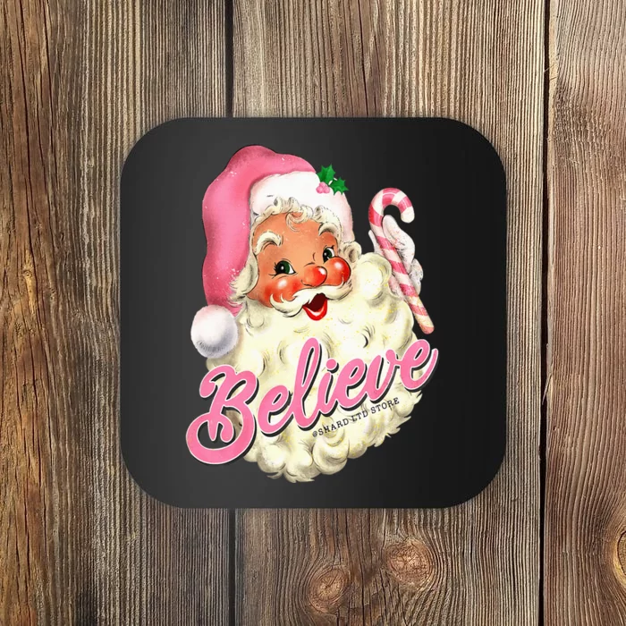 Groovy Vintage Pink Santa Claus Believe Christmas Coaster