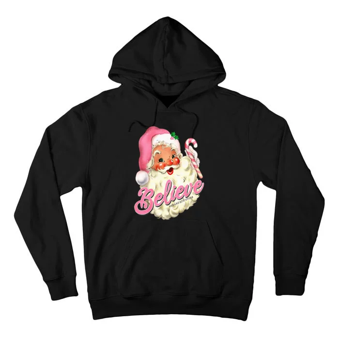 Groovy Vintage Pink Santa Claus Believe Christmas Tall Hoodie