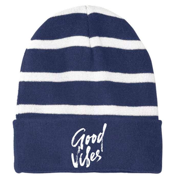 Good Vibes Positive Quote Striped Beanie with Solid Band