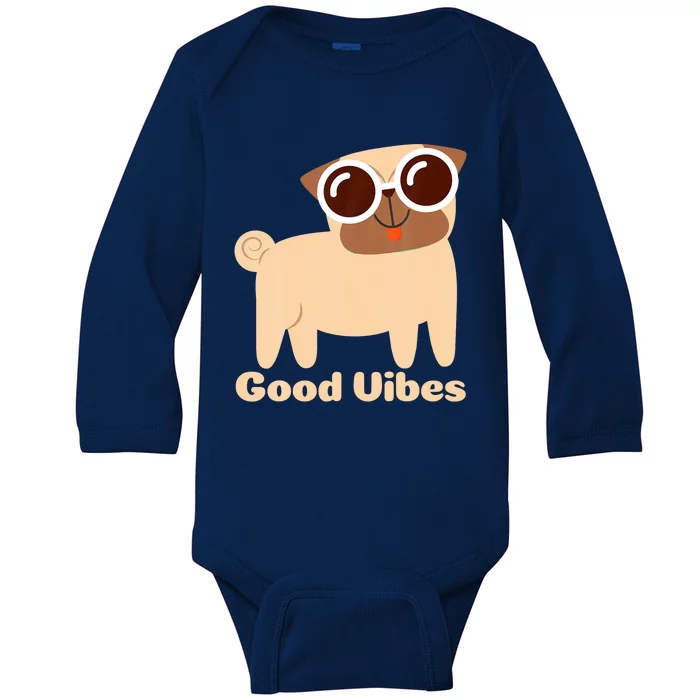 Good Vibes Pug Dog Lover Summer Vacation Positive Energy Baby Long Sleeve Bodysuit