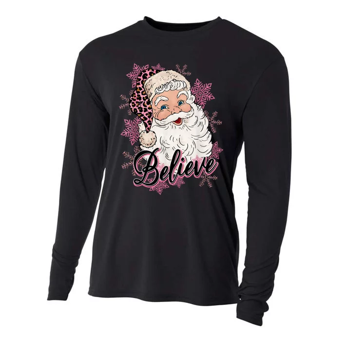 Groovy Vintage Pink Santa Claus Believe Christmas Cooling Performance Long Sleeve Crew