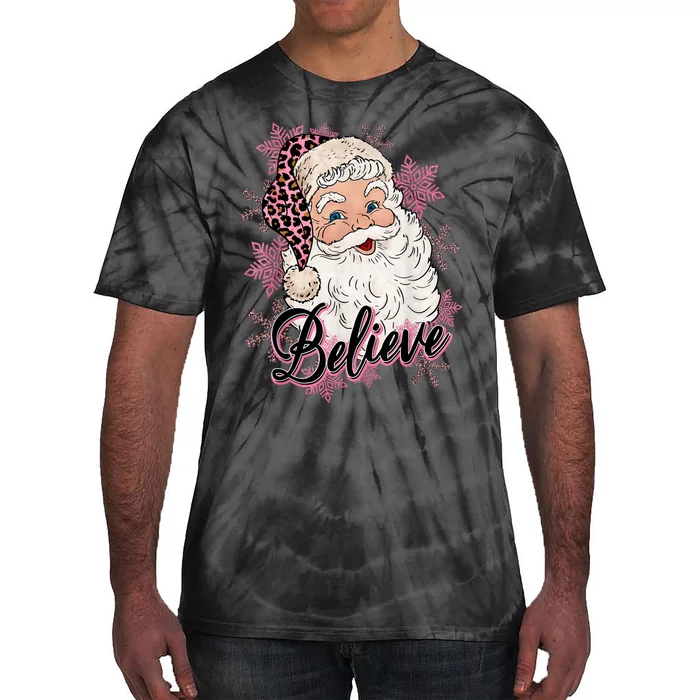 Groovy Vintage Pink Santa Claus Believe Christmas Tie-Dye T-Shirt