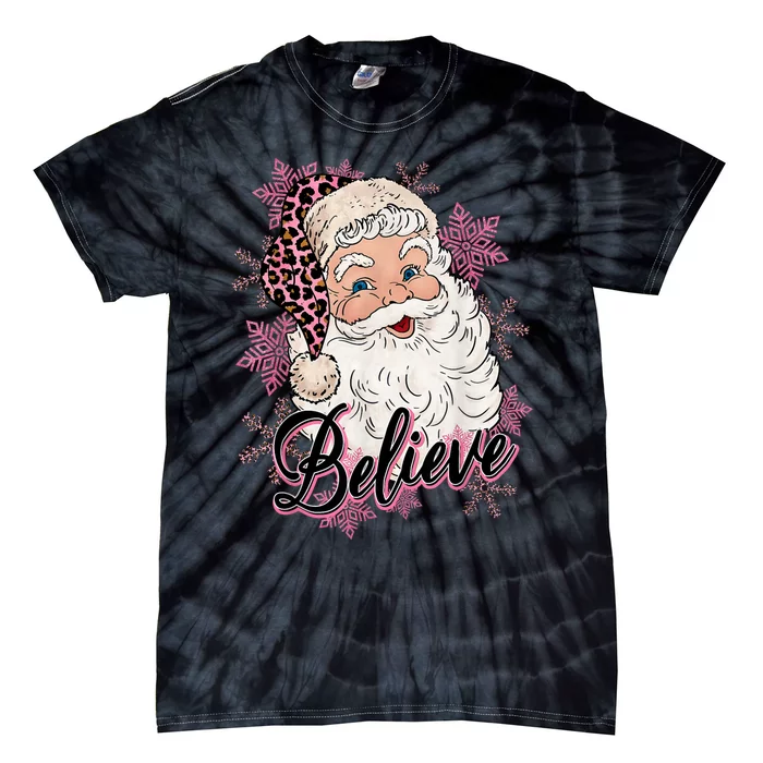 Groovy Vintage Pink Santa Claus Believe Christmas Tie-Dye T-Shirt