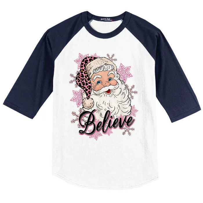 Groovy Vintage Pink Santa Claus Believe Christmas Baseball Sleeve Shirt