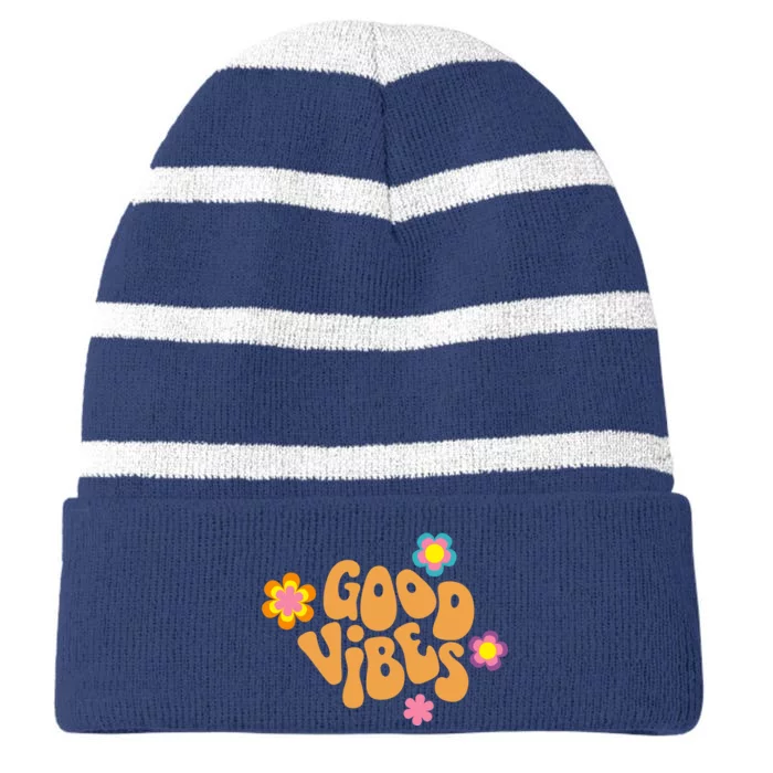 Good Vibes Retro Groovy Flower Striped Beanie with Solid Band