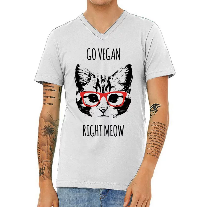 Go Vegan Right Meow Funny Gift For Vegans Vegan Cool Gift V-Neck T-Shirt