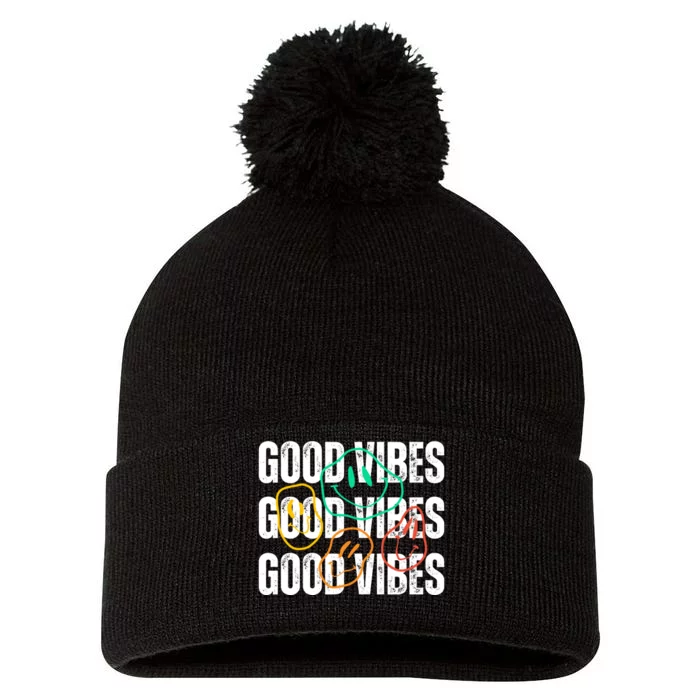 Good Vibes Smiley Retro Vintage Pom Pom 12in Knit Beanie