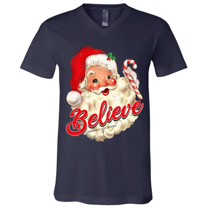 Groovy Vintage Santa Claus Merry Christmas V-Neck T-Shirt