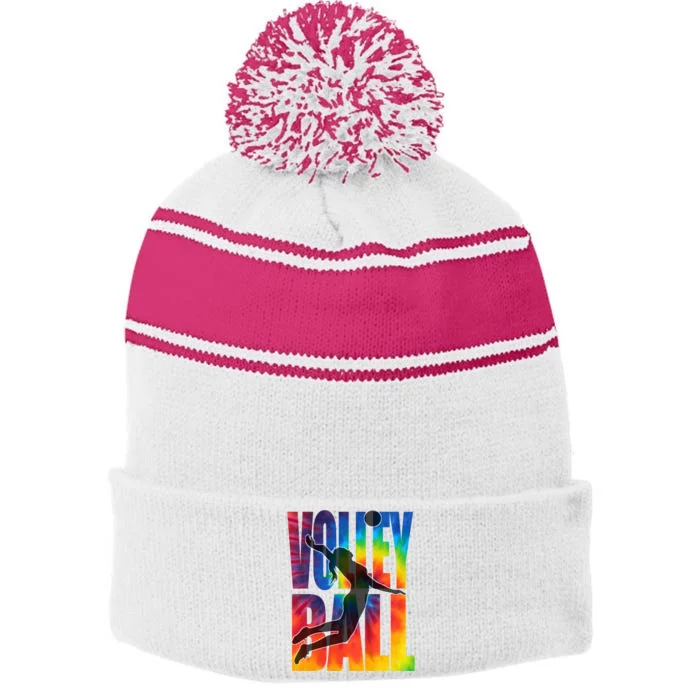 Girls Volleyball Tie Dye Server Teen Players Funny Gift Stripe Pom Pom Beanie