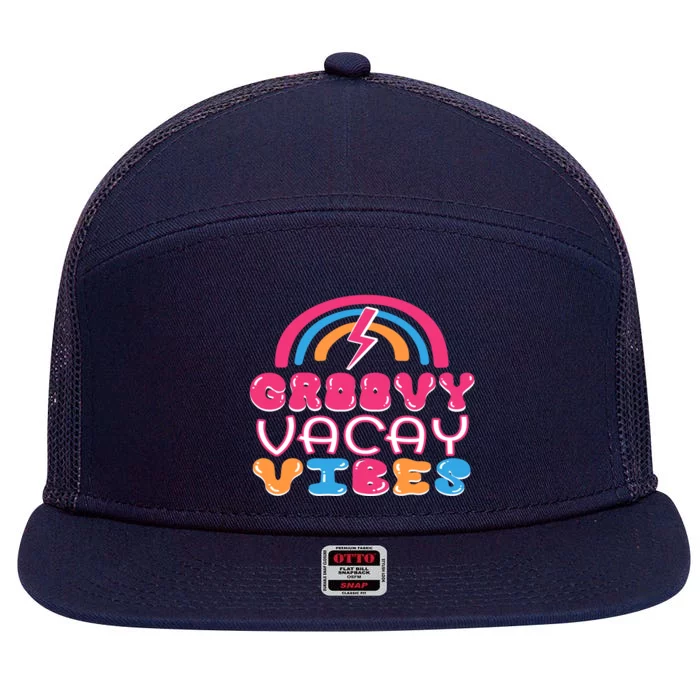 Groovy Vacay Vibes Retro Rainbow Summer Vacation Gift 7 Panel Mesh Trucker Snapback Hat