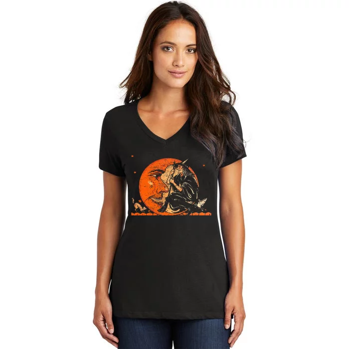 Great Vintage Witch And Moon Halloween Women's V-Neck T-Shirt