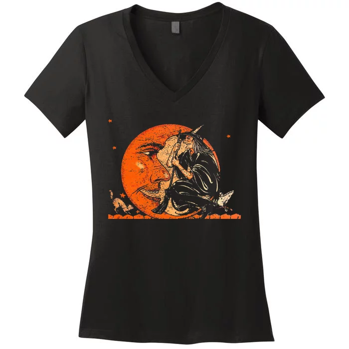 Great Vintage Witch And Moon Halloween Women's V-Neck T-Shirt