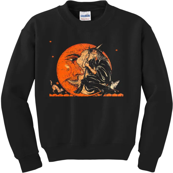 Great Vintage Witch And Moon Halloween Kids Sweatshirt