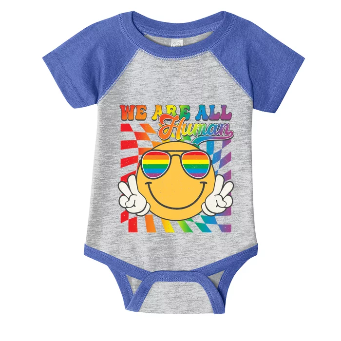 Groovy We Are All Hu Proud Lgbt Inspirational Pride Month Cute Gift Infant Baby Jersey Bodysuit