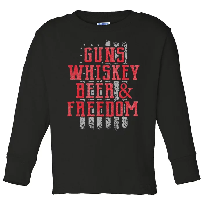 Guns Whiskey Beer And Freedom Veteran US Flag 4th Of July Toddler Long Sleeve Shirt