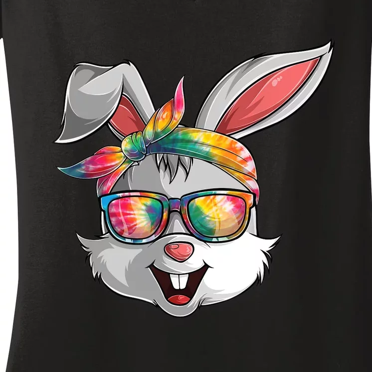 Girl Wo Bunny Face Tie Dye Glasses Easter Day Women's V-Neck T-Shirt