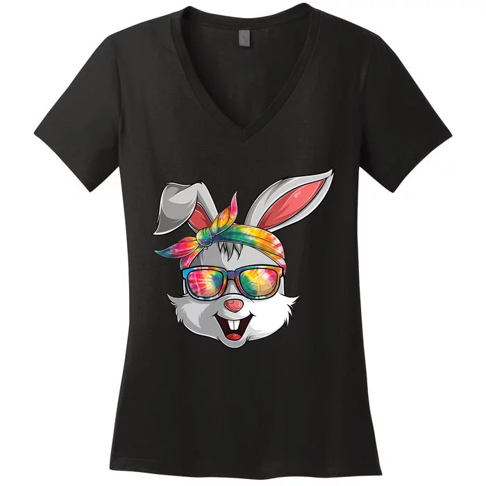 Girl Wo Bunny Face Tie Dye Glasses Easter Day Women's V-Neck T-Shirt