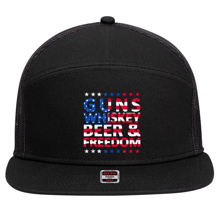 Guns Whiskey Beer And Freedom Veteran US Flag 4th Of July 7 Panel Mesh Trucker Snapback Hat