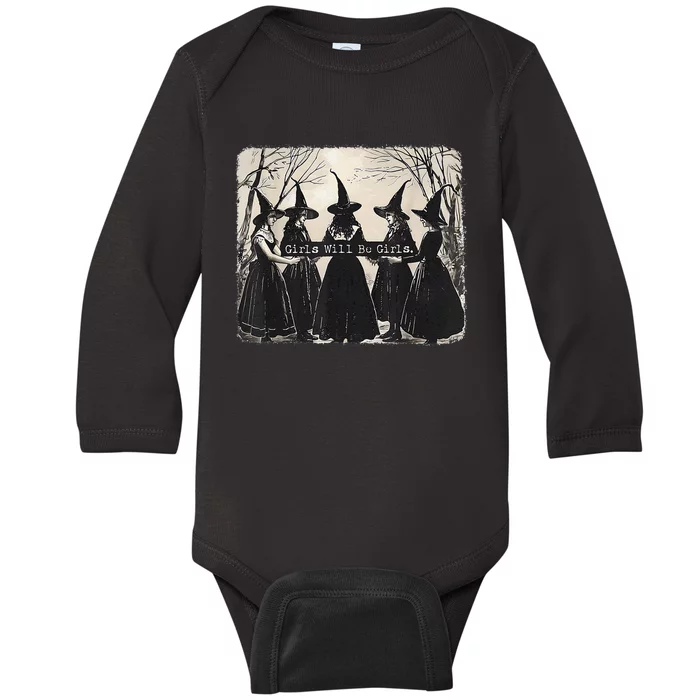 Girl Will Be Girl Funny Witch Halloween Vibes Feminist Gift Baby Long Sleeve Bodysuit