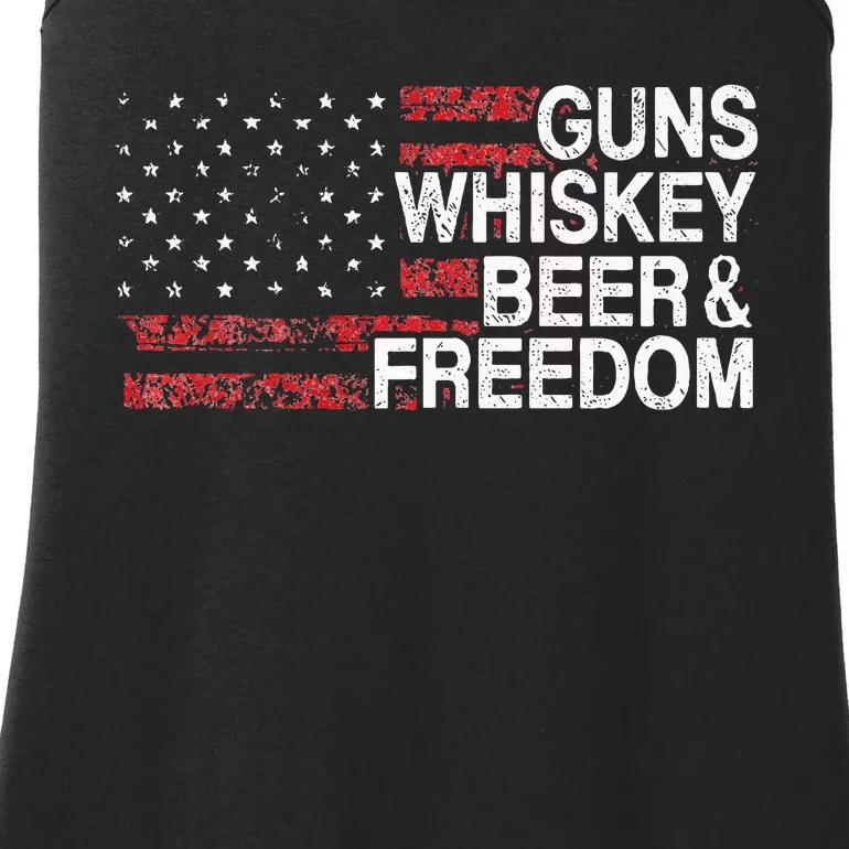 Guns Whiskey Beer And Freedom Veteran US Flag 4th Of July Ladies Essential Tank