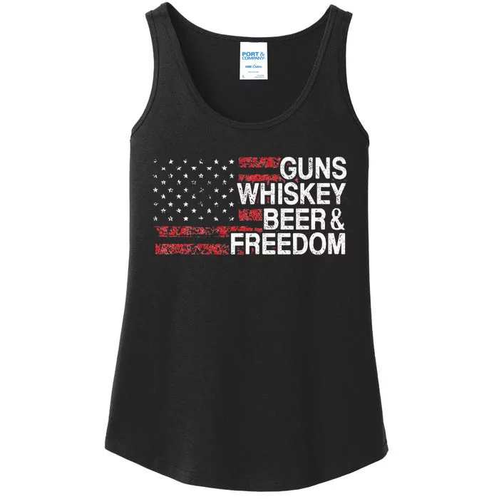 Guns Whiskey Beer And Freedom Veteran US Flag 4th Of July Ladies Essential Tank