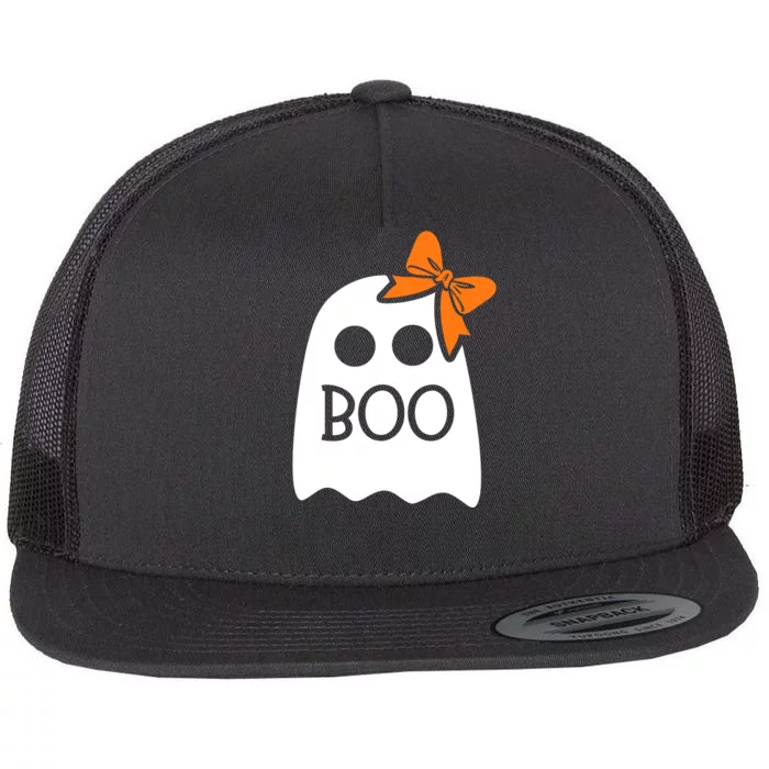 Ghost With Bow Boo Funny Halloween Costume Flat Bill Trucker Hat