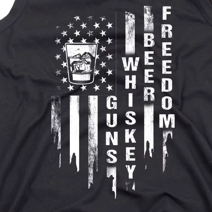 Guns Whiskey Beer & Freedom Distressed American Flag Tank Top