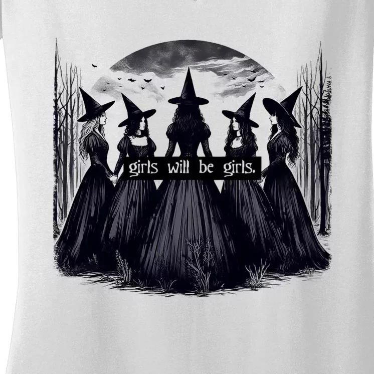 Girl Will Be Girl Witch Halloween Funny Witchy Vibes Women's V-Neck T-Shirt