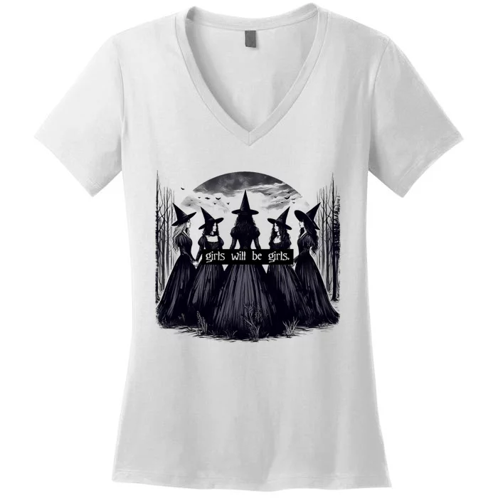 Girl Will Be Girl Witch Halloween Funny Witchy Vibes Women's V-Neck T-Shirt