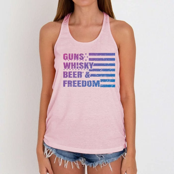 Gun Whisky Beer And Freedom American Flag Cool Gift For Guys Gift Women's Knotted Racerback Tank