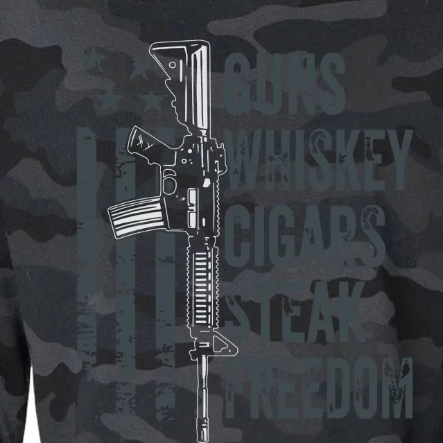 Guns Whiskey Cigars Steak Freedom Drinking BBQ ON BACK Cropped Pullover Crew