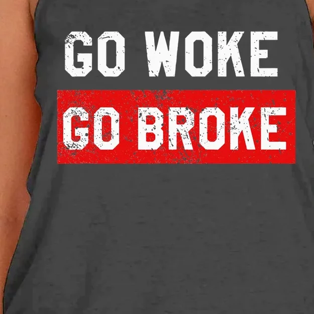 Go Woke Go Broke Funny Anti Woke Distressed Women's Knotted Racerback Tank