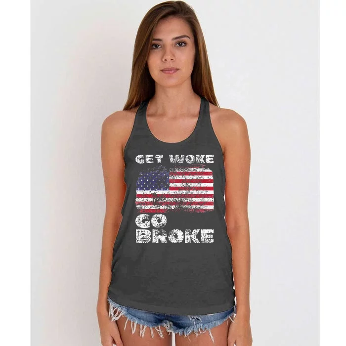 Get Woke Go Broke Funny Anti Woke Cancel Culture Joke Women's Knotted Racerback Tank