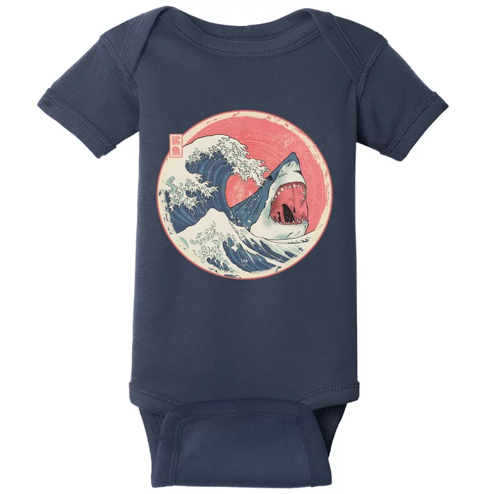 Great Wave Great White Shark Traditional Painting Baby Bodysuit