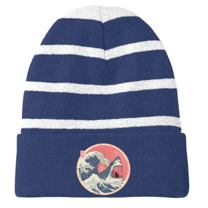 Great Wave Great White Shark Traditional Painting Striped Beanie with Solid Band