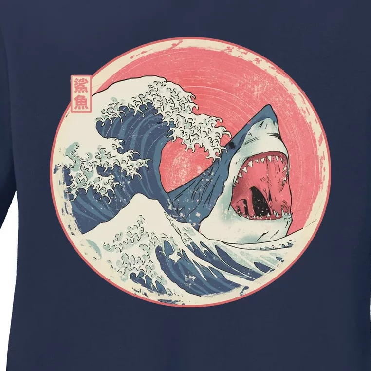 Great Wave Great White Shark Traditional Painting Ladies Long Sleeve Shirt