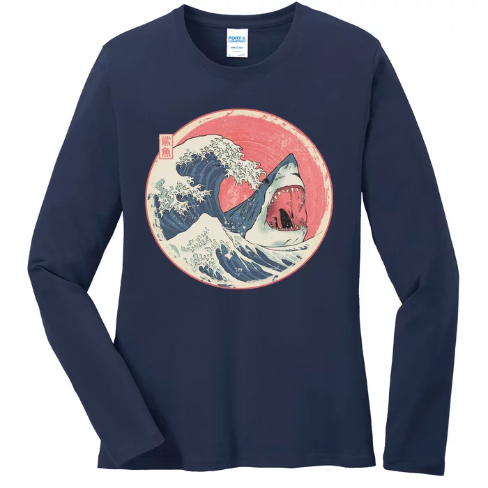 Great Wave Great White Shark Traditional Painting Ladies Long Sleeve Shirt