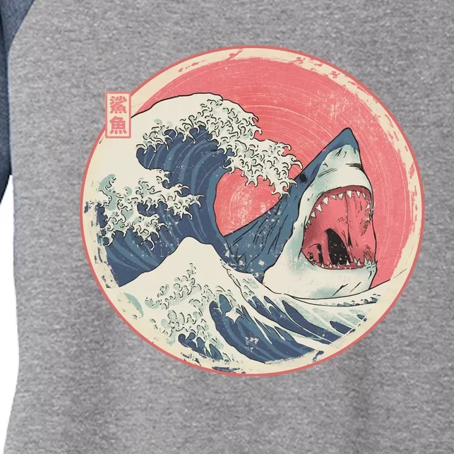 Great Wave Great White Shark Traditional Painting Women's Tri-Blend 3/4-Sleeve Raglan Shirt