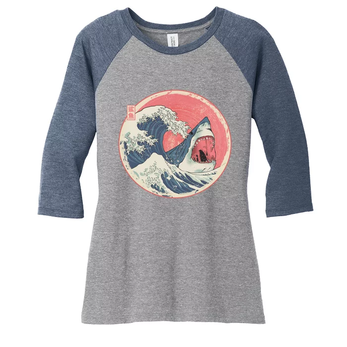 Great Wave Great White Shark Traditional Painting Women's Tri-Blend 3/4-Sleeve Raglan Shirt