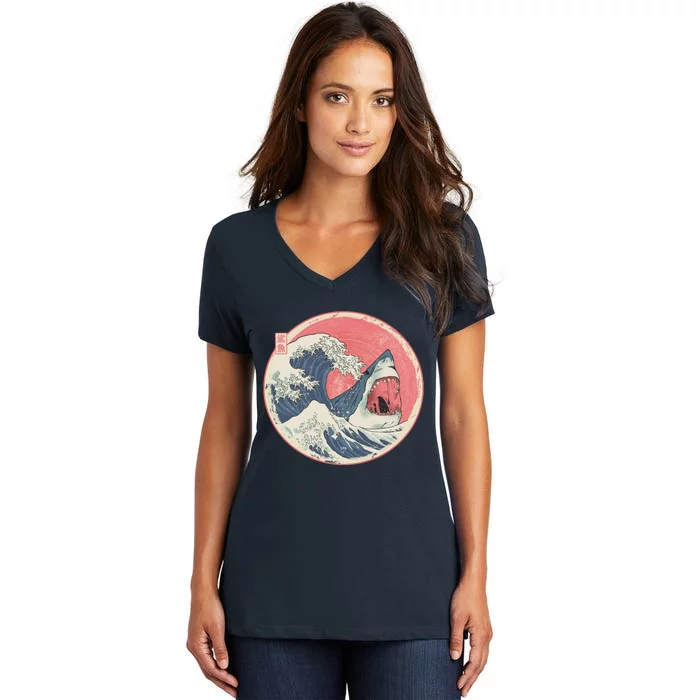 Great Wave Great White Shark Traditional Painting Women's V-Neck T-Shirt