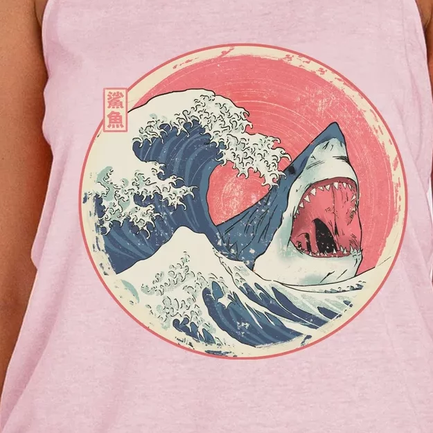 Great Wave Great White Shark Traditional Painting Women's Knotted Racerback Tank