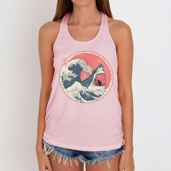 Great Wave Great White Shark Traditional Painting Women's Knotted Racerback Tank