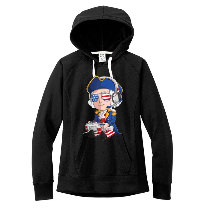 George Washington Gamer Fourth Of July USA Flag Boy Women's Fleece Hoodie