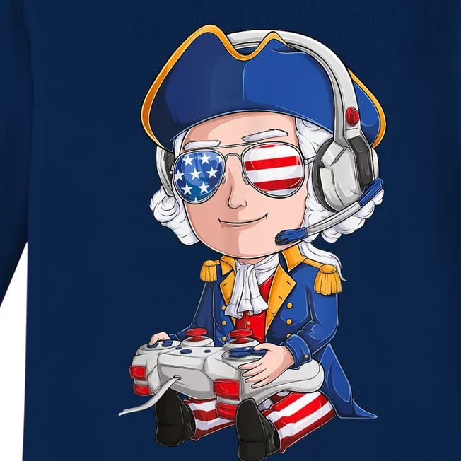 George Washington Gamer Fourth Of July USA Flag Boy Baby Long Sleeve Bodysuit