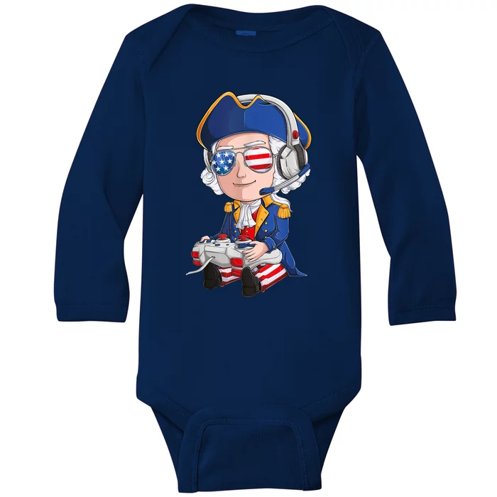 George Washington Gamer Fourth Of July USA Flag Boy Baby Long Sleeve Bodysuit