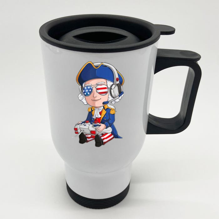 George Washington Gamer Fourth Of July USA Flag Boy Front & Back Stainless Steel Travel Mug