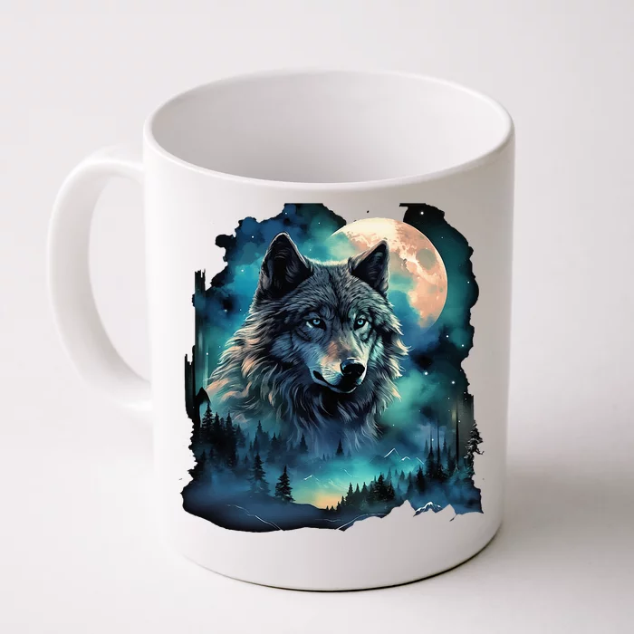 Grey Wolf Hunting Grounds Icy Moon Forest Galaxy Front & Back Coffee Mug